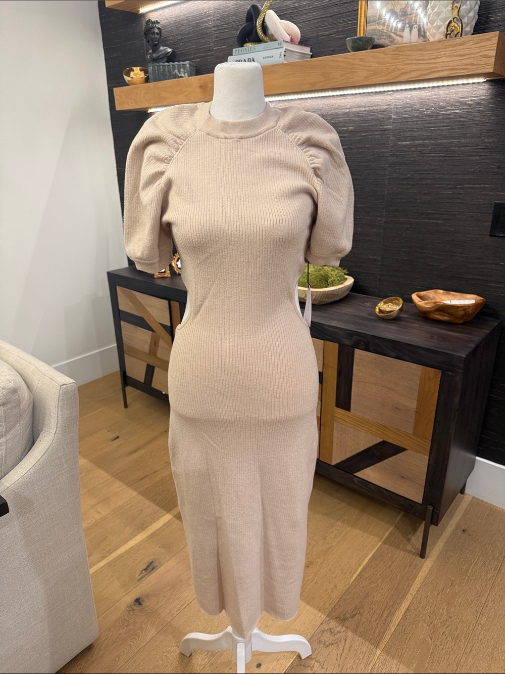 LPA Cream Puff-Sleeve Ribbed Midi Sweater Dress with Body Con cut away accents